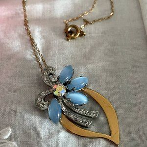 Vintage Blue Rhinestone Pendant Necklace, 15" Gold Toned Chain